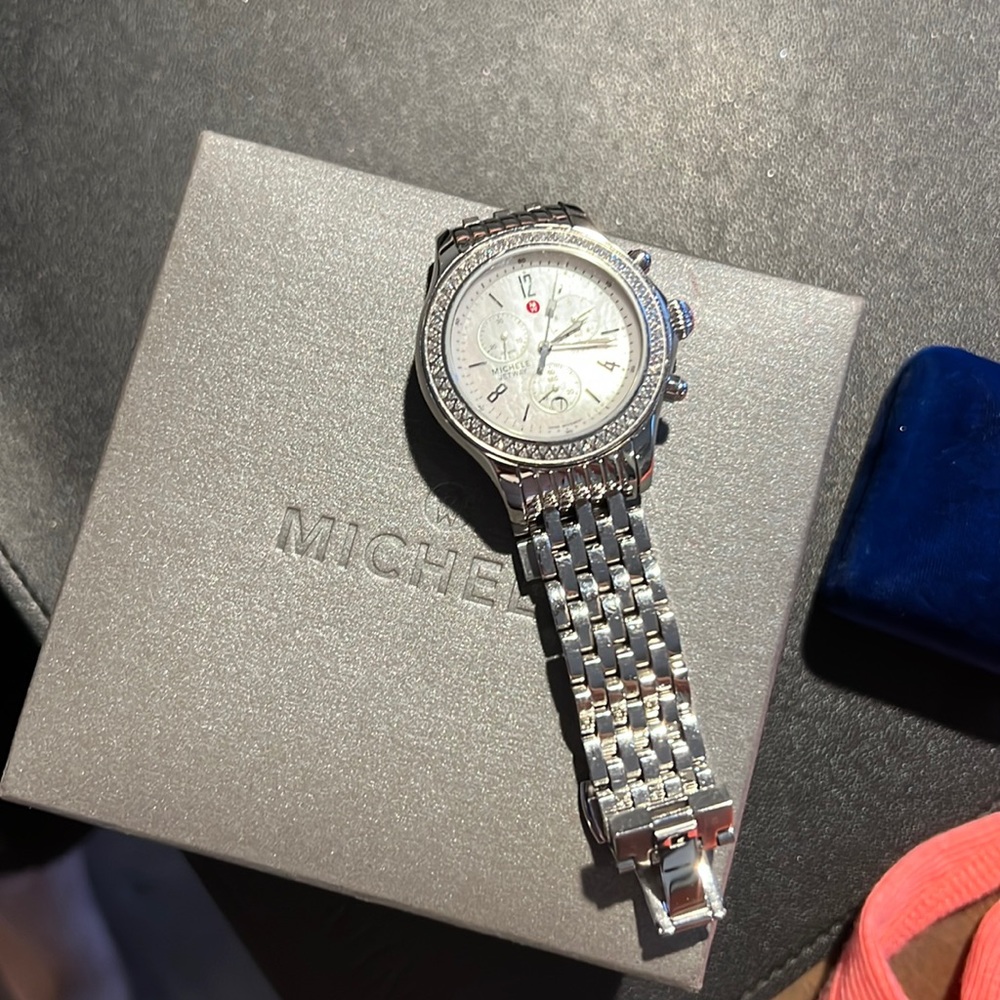 Michele watch all stainless steel with diamond bezel and mother of pearl face